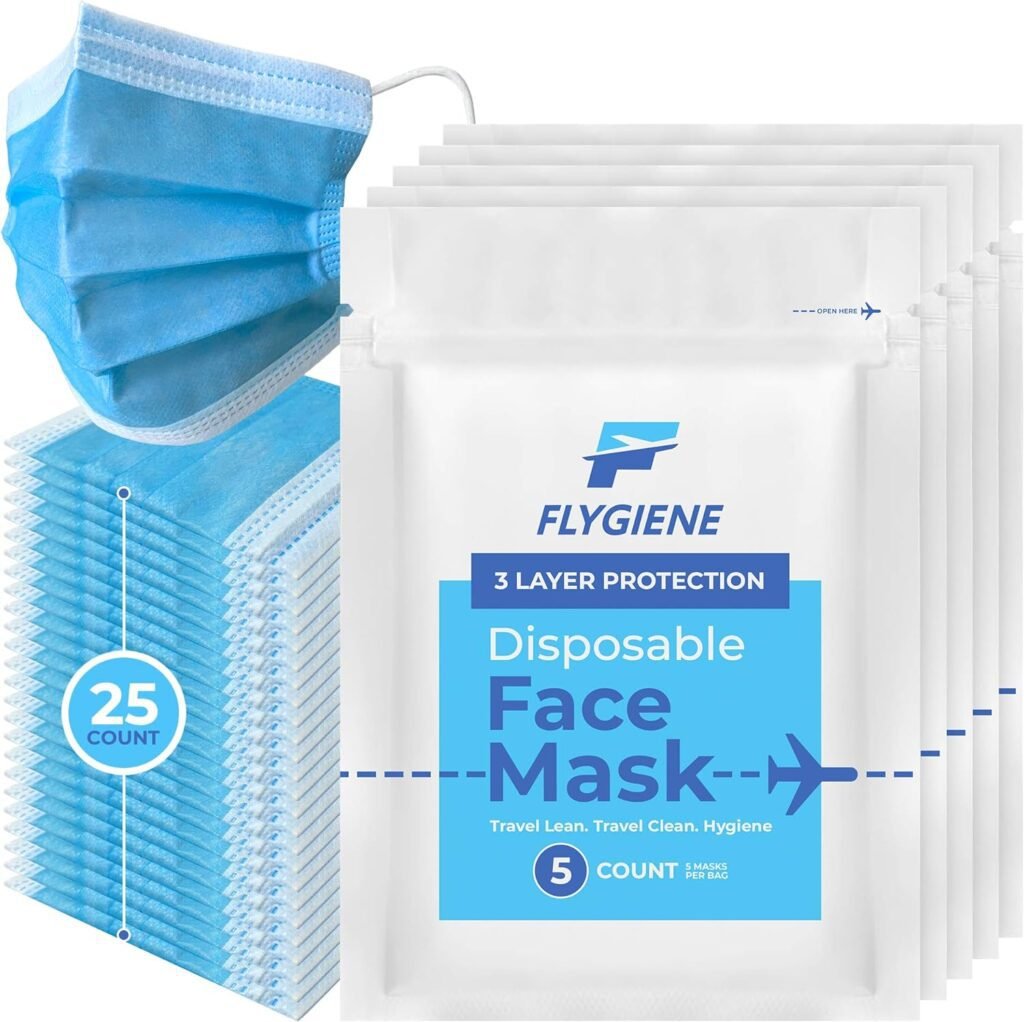 flygiene travel size face mask 25 count breathable travel face mask 3 ply blue disposable face mask for adults tsa appro