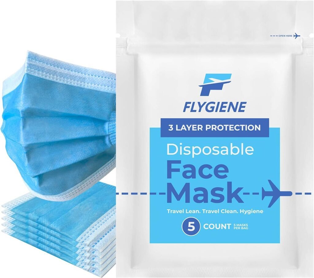 FLYGIENE Travel Size Face Mask | 5 Count | Breathable Travel Face Mask 3 Ply Blue Disposable Face Mask for Adults | TSA Approved Air Travel Mask for Airplane Travel | Blue | 5 Count (1 Pack of 5)