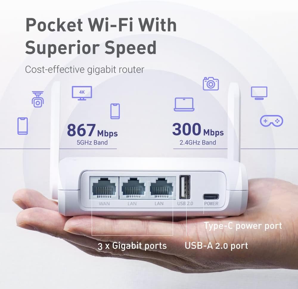 GL.iNet GL-SFT1200 (Opal) Secure Travel WiFi Router – AC1200 Dual Band Gigabit Ethernet Wireless Internet | IPv6 USB 2.0 MU-MIMO DDR3 |128MB Ram Repeater Bridge Access Point Mode