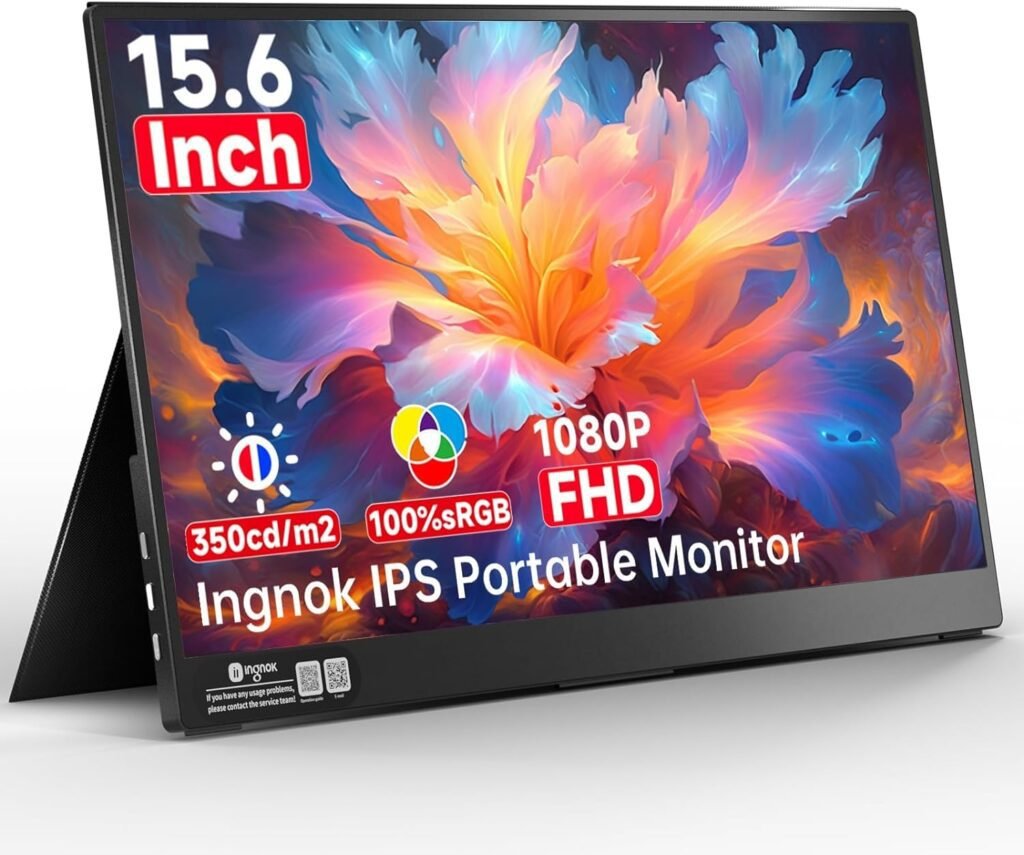 Ingnok Portable Monitor 15.6 Inch FHD A+Screen 100% sRGB IPS Laptop Screen Extender, 350cd/m2 USB C HDMI Travel Monitor, Portable Screen for Laptop Mac PC Phone Xbox PS4/5 Switch