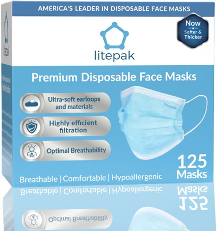 Litepak 125-Pack Disposable Face Mask Premium Comfort Earloops with Dispenser Box