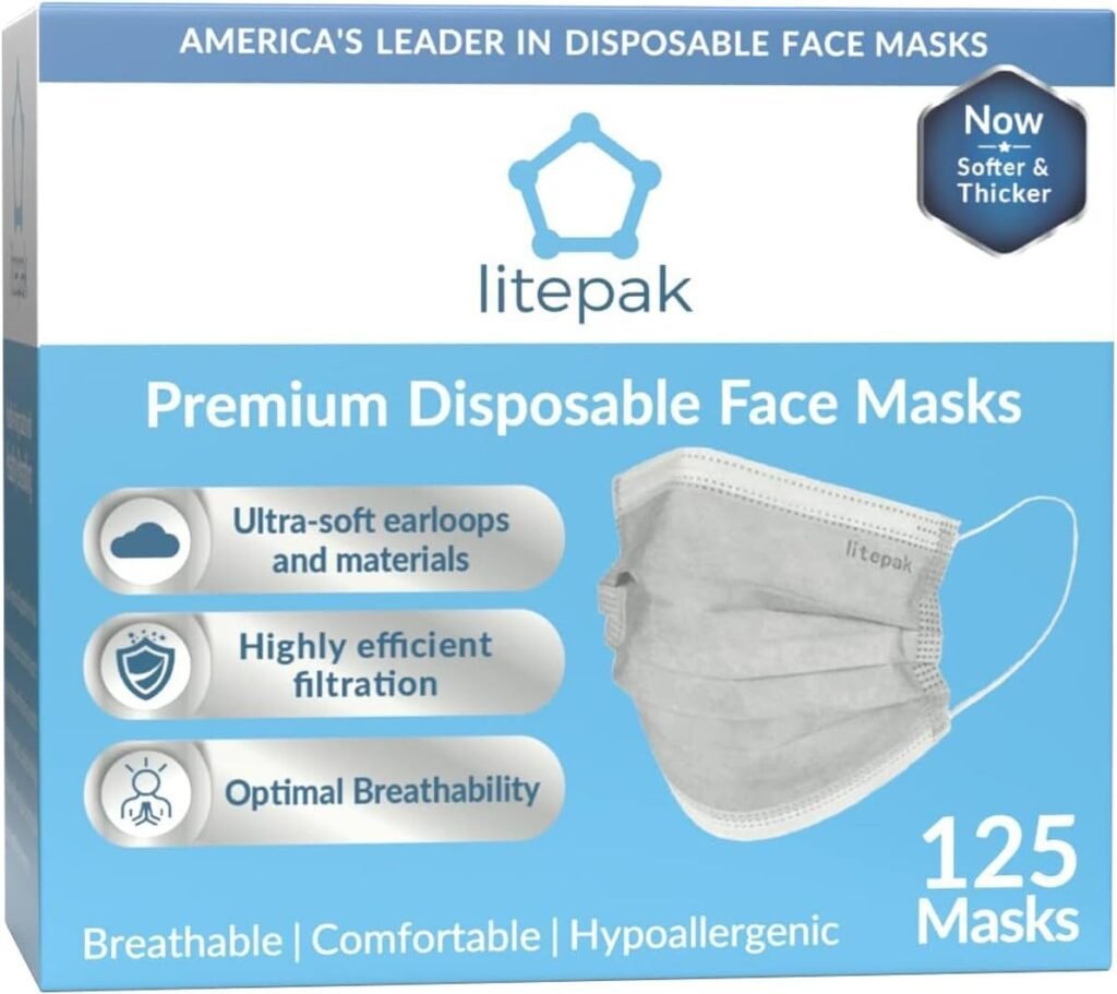 Litepak 125-Pack Disposable Face Mask Premium Comfort Earloops with Dispenser Box