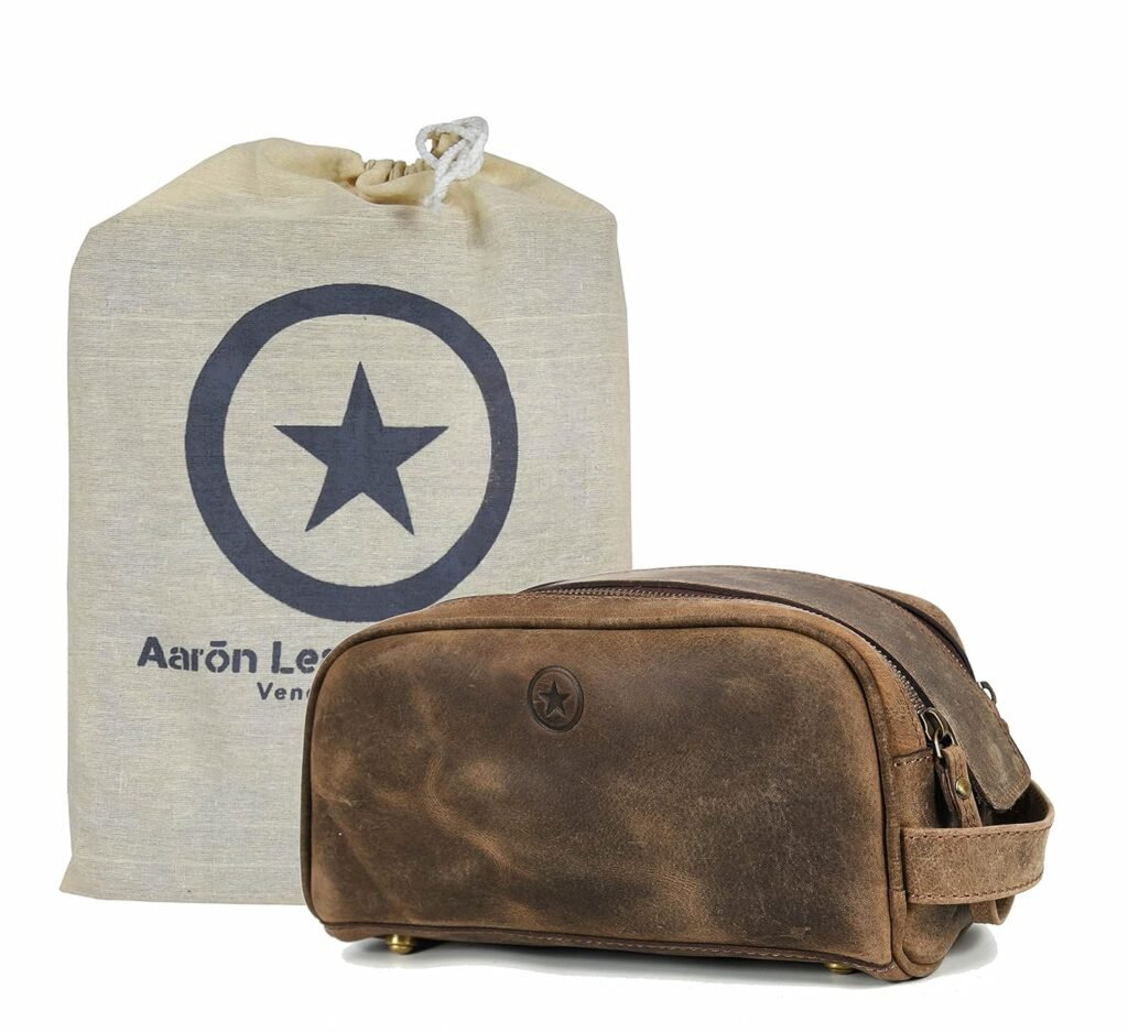 10 Premium Leather Toiletry Travel Pouch With Waterproof Lining | King-Size Handcrafted Vintage Dopp - Kit ~ Gift for Fathers Day By Aaron Leather Goods (Brown) 10 Premium Leather Toiletry Travel Pouch With Waterproof Lining | King-Size Handcrafted Vintage Dopp - Kit ~ Gift for Fathers Day By Aaron Leather Goods (Brown)