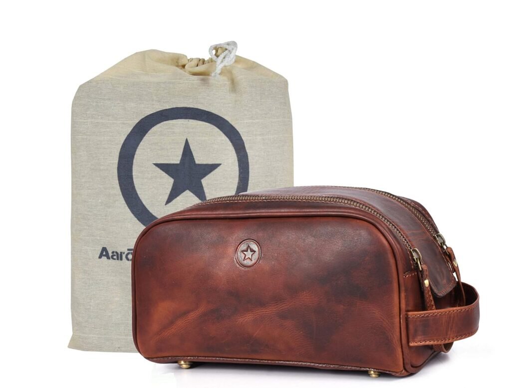10 Premium Leather Toiletry Travel Pouch With Waterproof Lining | King-Size Handcrafted Vintage Dopp - Kit ~ Gift for Fathers Day By Aaron Leather Goods (Brown) 10 Premium Leather Toiletry Travel Pouch With Waterproof Lining | King-Size Handcrafted Vintage Dopp - Kit ~ Gift for Fathers Day By Aaron Leather Goods (Brown)