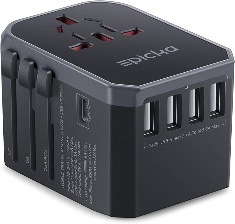 portable travel adapter with multiple international plugs for all devices