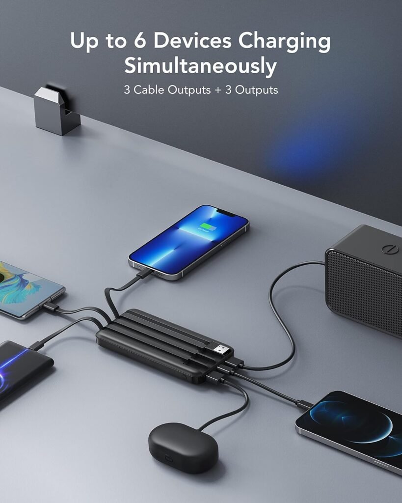 Portable Charger with Built in Cables, Portable Charger with Cords Wires Slim 10000mAh Travel Battery Pack 6 Outputs 3 Inputs 3A Fast Charging Power Bank for Samsung Google Pixel LG Moto iPhone iPad