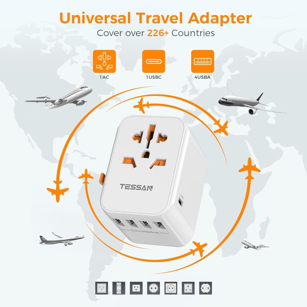 Universal Travel Adapter, TESSAN International Plug Adapter, 5.6A 3 USB C 2 USB A Ports, All-in-one Travel Charger Outlet Converter for Europe UK EU AUS (Type C/G/A/I) Universal Travel Adapter, TESSAN International Plug Adapter, 5.6A 3 USB C 2 USB A Ports, All-in-one Travel Charger Outlet Converter for Europe UK EU AUS (Type C/G/A/I)