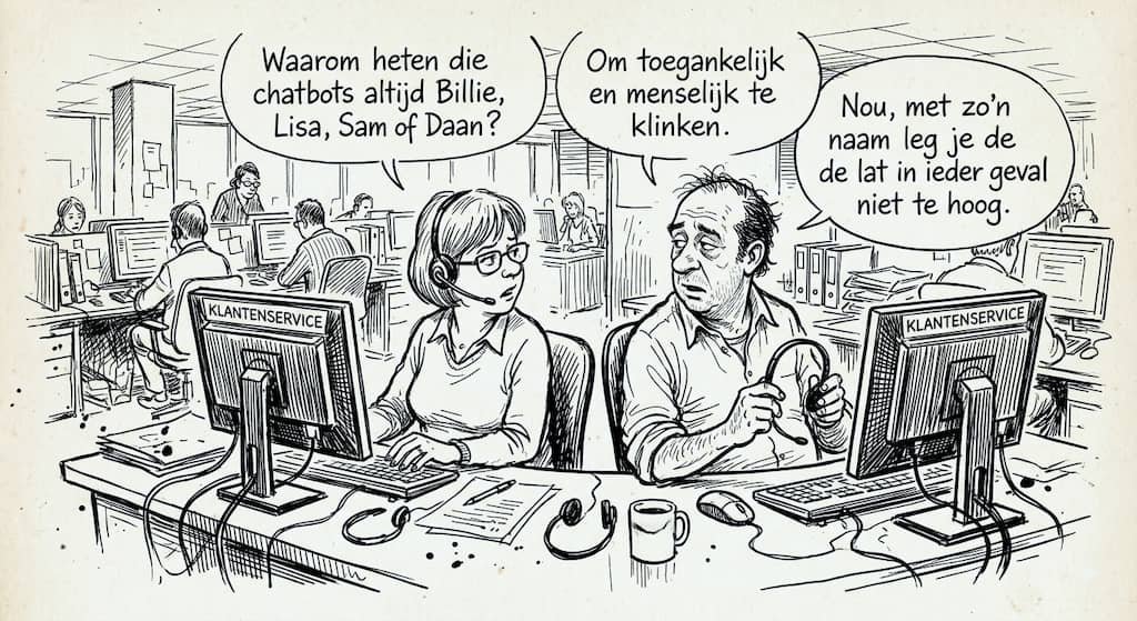 ai in klantcontact. Cartoon: waarom heten chatbots altijd Billie, Lisa, Sam of Daan?
